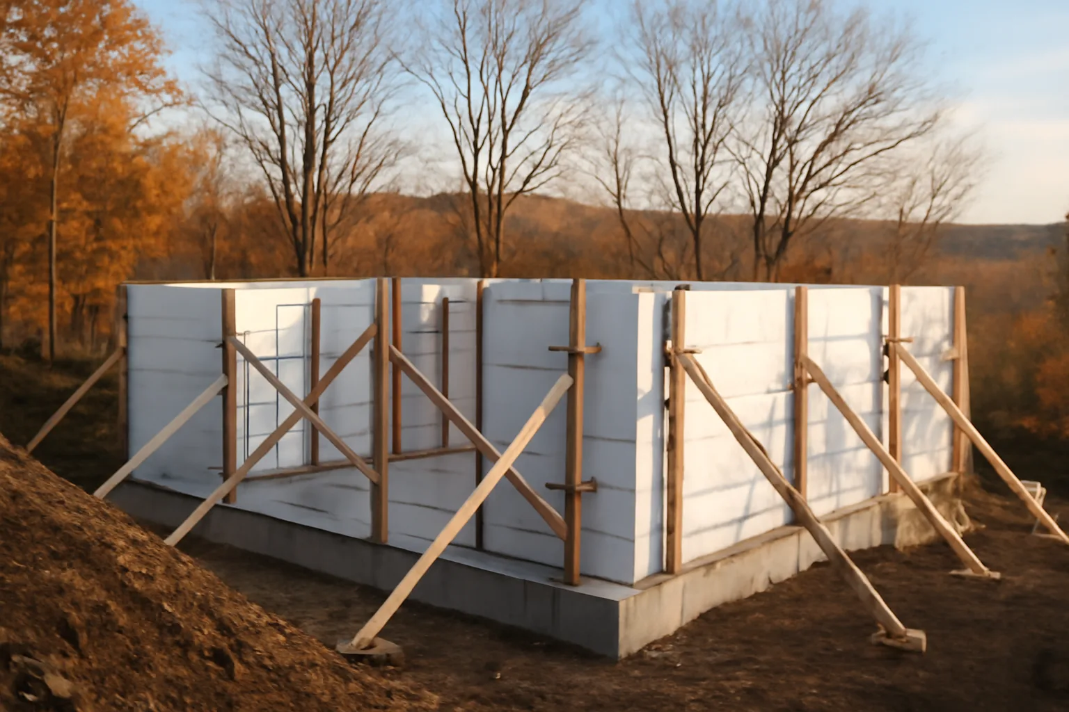ICF foam block walls under construction on a Vermont hillside in autumn